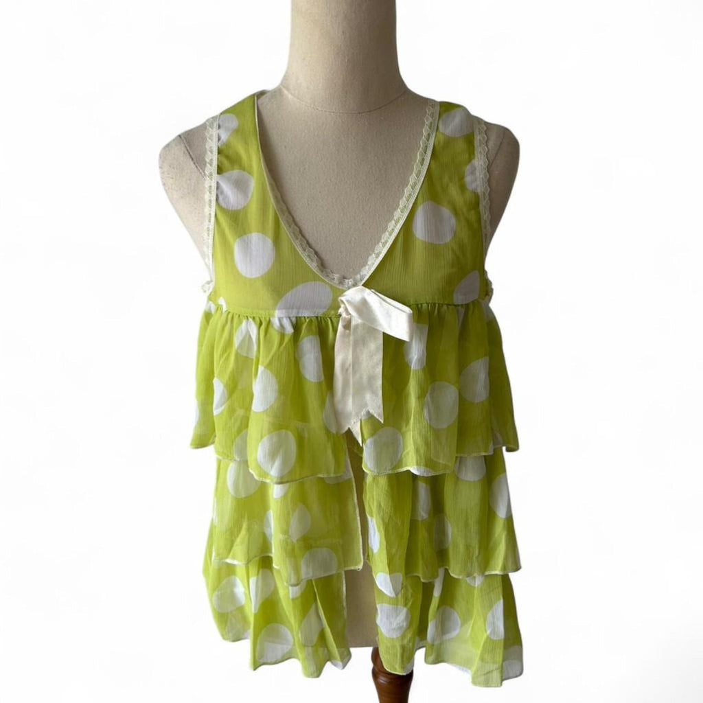 Y2K Green polka dot babydoll top with lace trim and bow