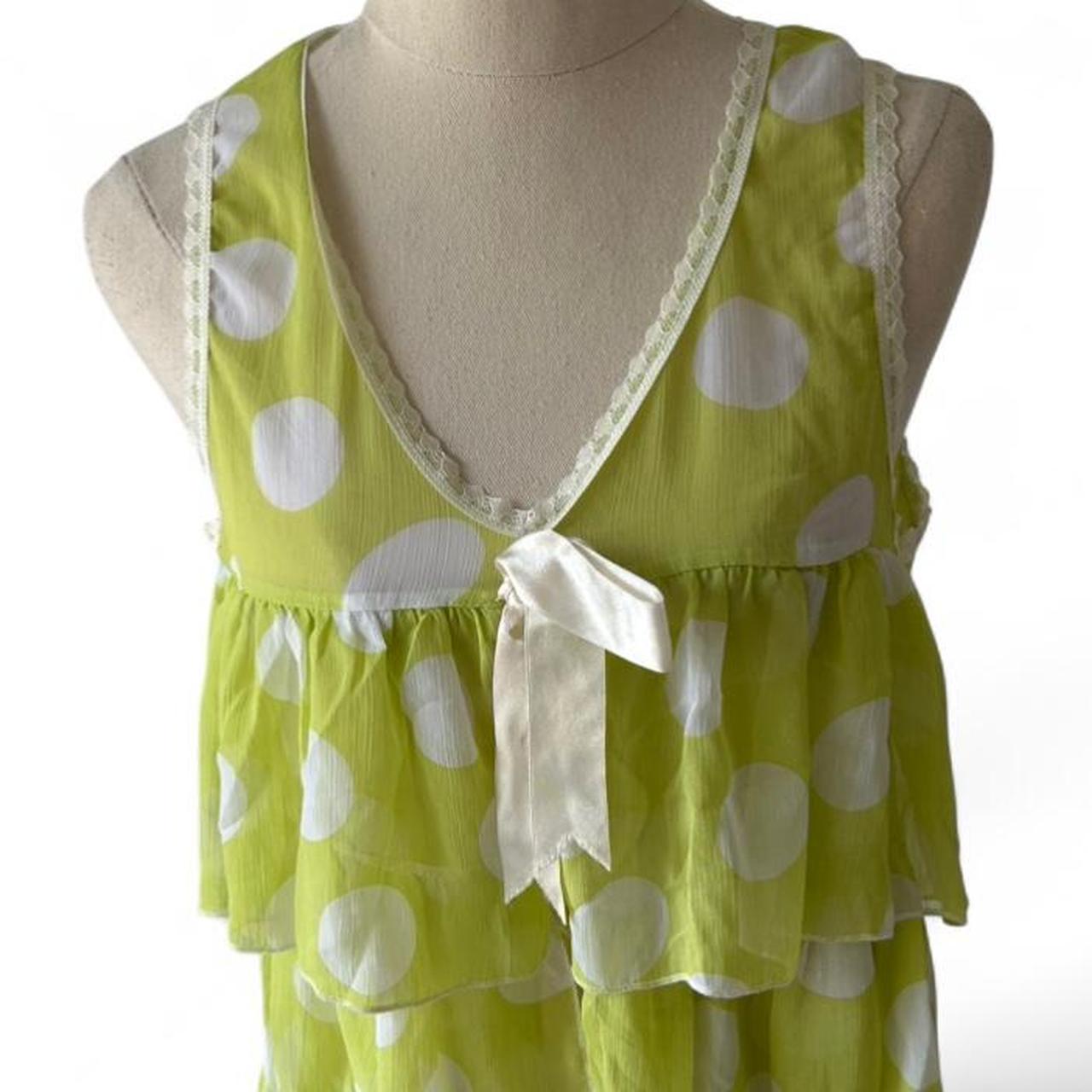 Y2K Green polka dot babydoll top with lace trim and bow