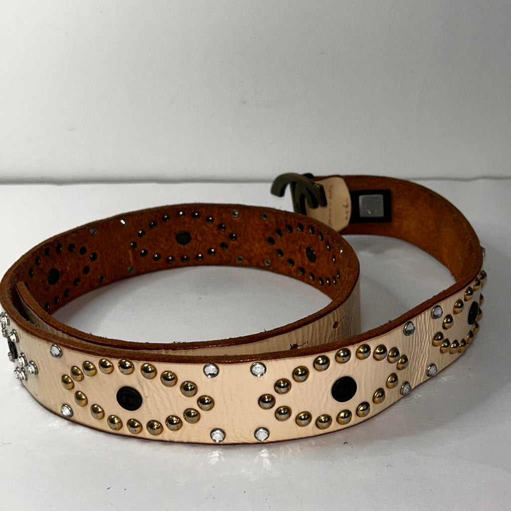 Roberto Cavalli Leather Y2K Tan and cream studded leather belt